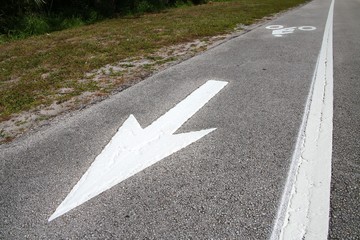 Bike Lane Symbol with Arrow Next to the Road in a Sunny Afternoon at Trade Winds Park, Pompano...