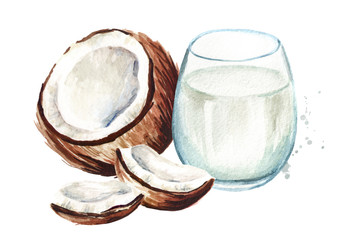 Glass of coconut milk with cracked coconut. Watercolor hand drawn illustration,  isolated on white background