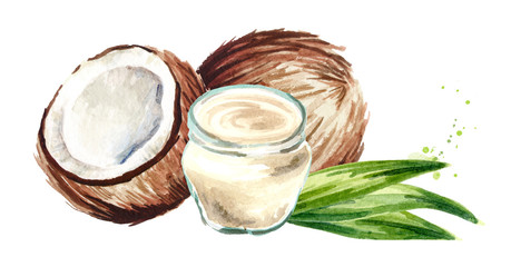 Jar with coconut oil and nut. Watercolor hand drawn illustration  isolated on white background