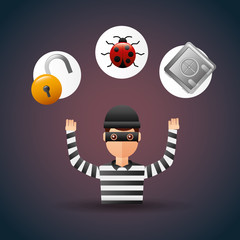 cyber security thief with safety box bug and padlock vector illustration