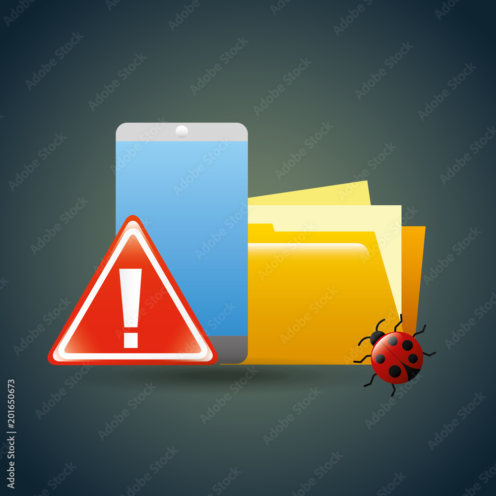 Poster smartphone data bug virus warning cyber security vector illustration