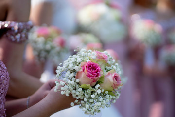 A bride and bridesmaids in pink dresses holding their bouquets.