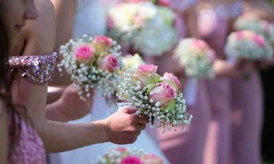 A bride and bridesmaids in pink dresses holding their bouquets.