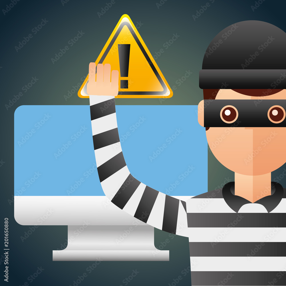 Poster cyber security thief hacker computer and alert sign virus vector illustration