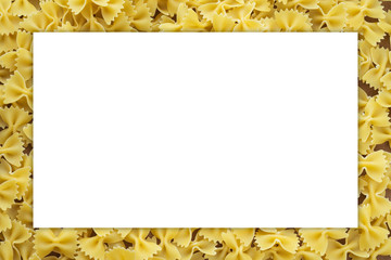 farfalle macaroni background of pasta. A textured wooden cutting board. Close-up view from the top. White space for text and ideas.