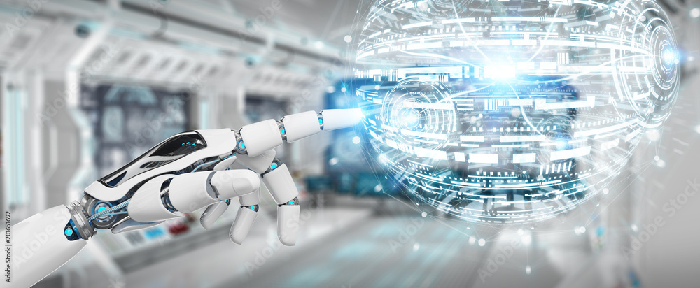 Aufkleber White robot hand using digital globe hud interface 3D rendering