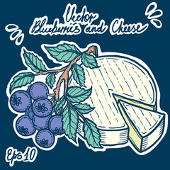 Vector hand drawn illustration of engraved style branch of blueberries and cheese. Could be used both on light or dark background.