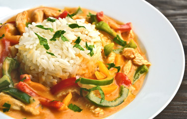 Stir the turkey with cream sauce and paprika 3 colors or Creamy Paprika turkey (German name is Putengeschnetzeltes mit Paprika und Reis).
Healthy and benefits with colorful of Paprika menu.