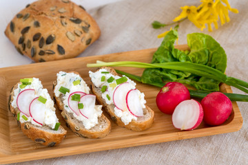 Light healthy sandwiches with soft cheese, radish and chives