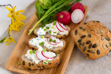 Light healthy sandwiches with soft cheese, radish and chives