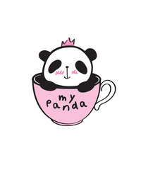 Hand drawn little cute panda in a pink cup. Vector illustration.