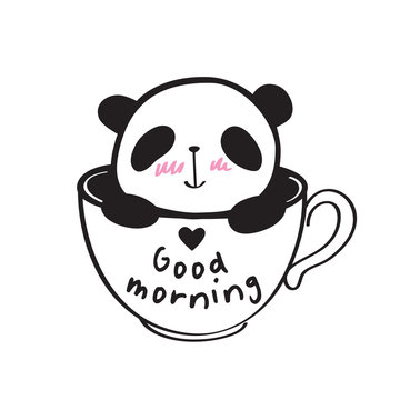 Good morning. Little cute panda in a cup with heart. Vector illustration.
