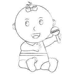 cute little baby girl sitting holding toy rattle vector illustration sketch