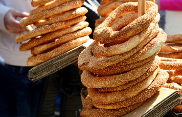 Greek Sesame Bread rings (Greek name is Koulouri Thessalonikis).
Street food menu in Greece