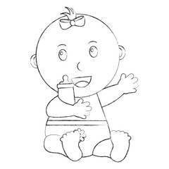 cute little baby girl sitting holding bottle milk vector illustration sketch