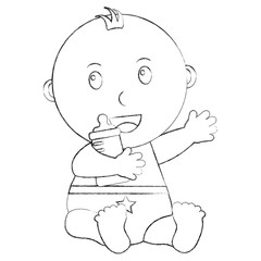 cute little baby boy sitting holding bottle milk vector illustration sketch