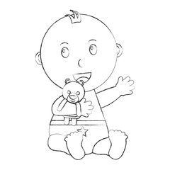 cute little baby boy sitting embraced teddy bear vector illustration sketch