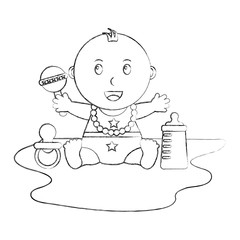 cute little baby boy sitting pacifier rattle and bottle vector illustration sketch