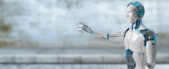 White male cyborg pointing his finger 3D rendering
