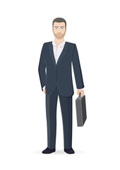 Businessman with suitcase isolated on white background. Bearded stylish man. Vector flat Illustration.