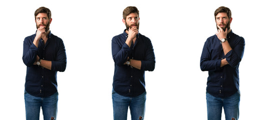 Young man with beard doubt expression, confuse and wonder concept, uncertain future isolated over white background