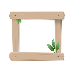 Wooden frame with leaf isolated on white background. Vector Illustration.