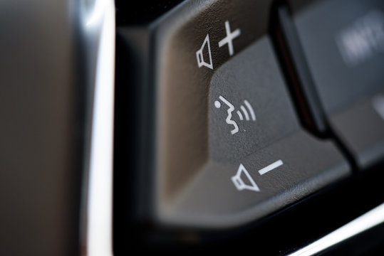 Modern Car Audio System Control Button On A Steering Wheel With Voice Recognition