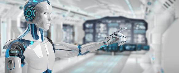 White male cyborg pointing his finger 3D rendering