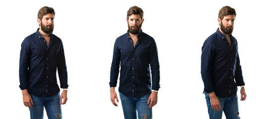 Young man with beard doubt expression, confuse and wonder concept, uncertain future isolated over...