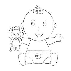 cute little baby girl sitting with toy lion vector illustration sketch