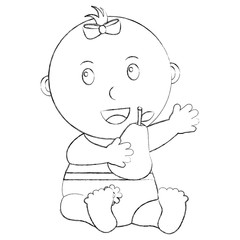 cute little baby girl sitting with a pear fruit vector illustration sketch