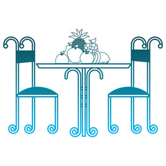 vintage table delicious fruits and chairs vector illustration degraded blue color