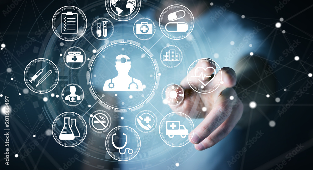 Poster Businessman using modern medical interface 3D rendering