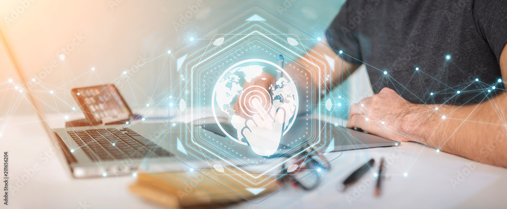 Aufkleber Businessman using digital screens interface with holograms datas 3D rendering