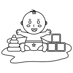 baby shower boy sitting with toys blocks vector illustration outline