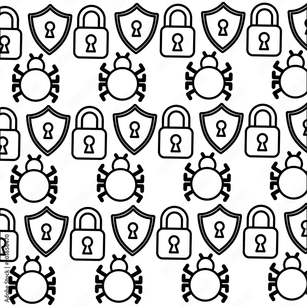 Poster cyber security padlock shield bug pattern background vector illustration outline