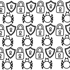 cyber security padlock shield bug pattern background vector illustration outline