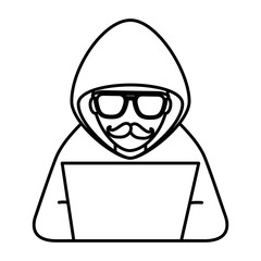 cyber security hacker with mustache glasses character crime laptop computer vector illustration outline