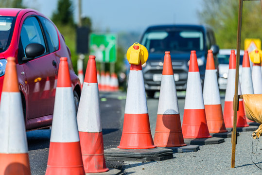 Set of roadworks cones on uk motorway