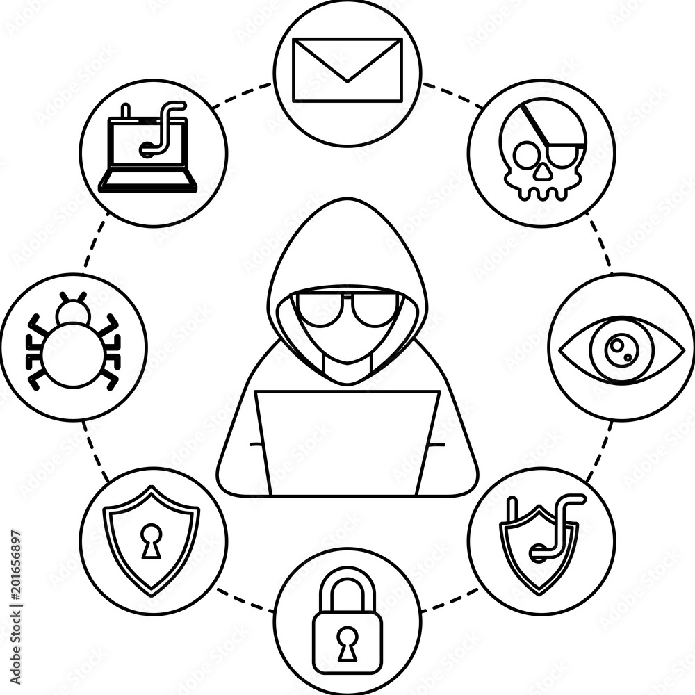 Poster cyber security hacker with laptop shield padlock eye email bug skull vector illustration outline