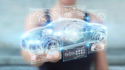 Businesswoman using modern smart car interface 3D rendering