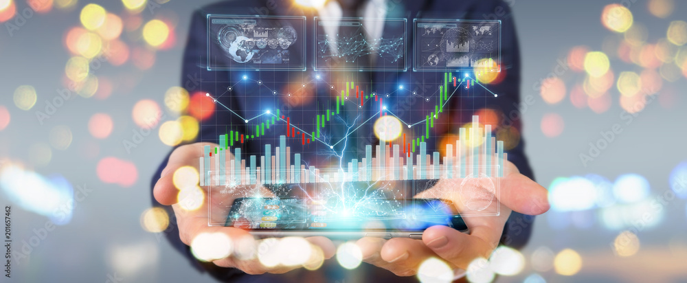 Aufkleber Businessman using 3D rendering stock exchange datas and charts