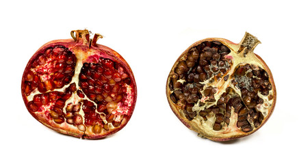 Fresh and spoiled pomegranate fruit