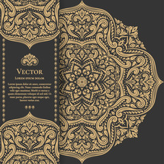 Gold vintage greeting card on a black background. Luxury ornament template. Mandala. Great for invitation, flyer, menu, brochure, postcard, background, wallpaper, decoration, or any desired idea