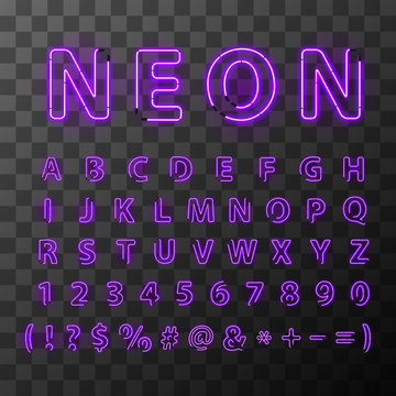 Bright ultraviolet neon letters. Neon letters font on transparent background. Letters compiled from neon tubes.