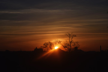Fototapeta na wymiar Natural Sunset Sunrise Over Field Or Meadow.