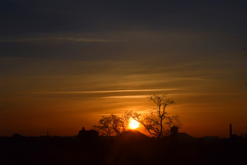 Natural Sunset Sunrise Over Field Or Meadow.