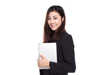 Naklejka premium Young professional businesswoman smiling holding digital tablet isolated on white background, Asian woman