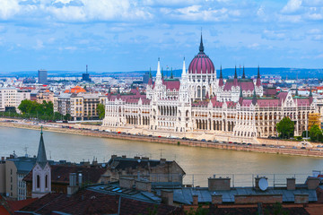 Fototapeta na wymiar Panoramic cityscape view of hungarian of the Parliament - is currently the largest building in Hungary. Beautiful gothic and renaissance architecture style. Summertime sunny day in Budapest, Hungary.