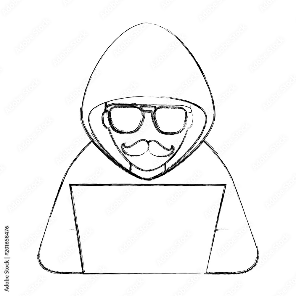 Aufkleber cyber security hacker with mustache glasses character crime laptop computer vector illustration sket